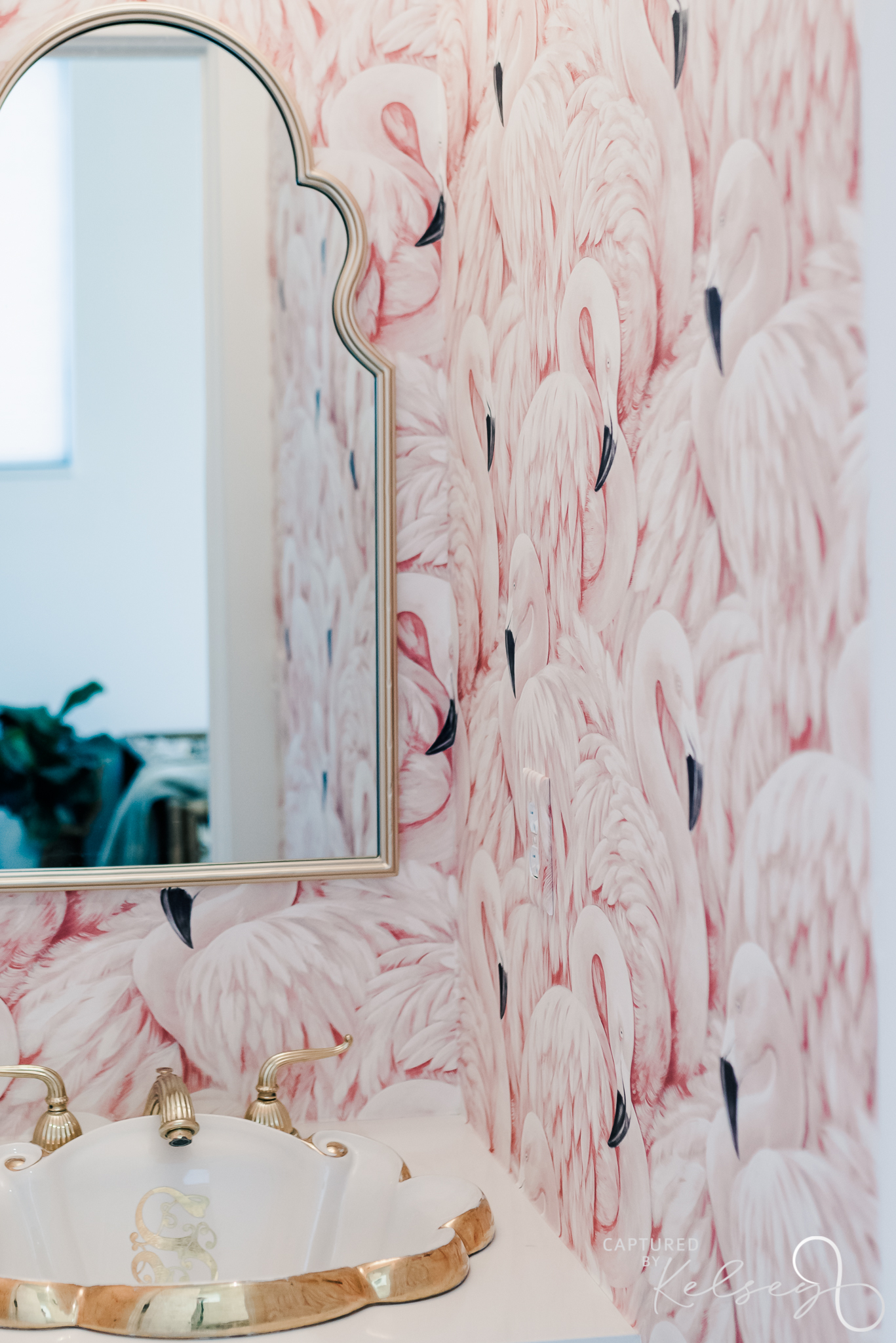 ANN-ARBOR-WEDDING-PHOTOGRAPHER-THE-COLLINS-OFF-MAIN-CAPTURED-BY-KELSEY-BLOG-13 the collins off main bathroom with pink flamingo wallpaper and gold accents