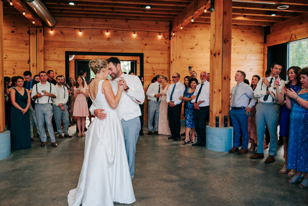 Bride and Groom dancing at the barn at Robin Hills