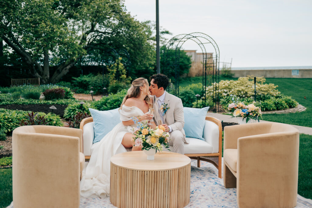 Bride and groom enjoying outdoor cocktail hour at The War Memorial