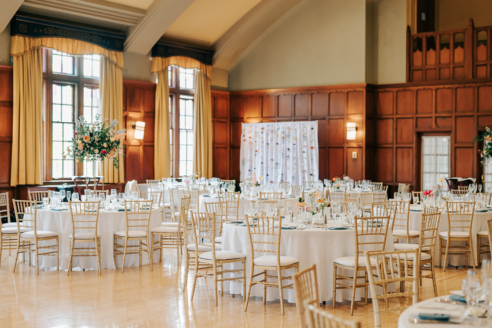 Wedding reception setup at Michigan League Ballroom