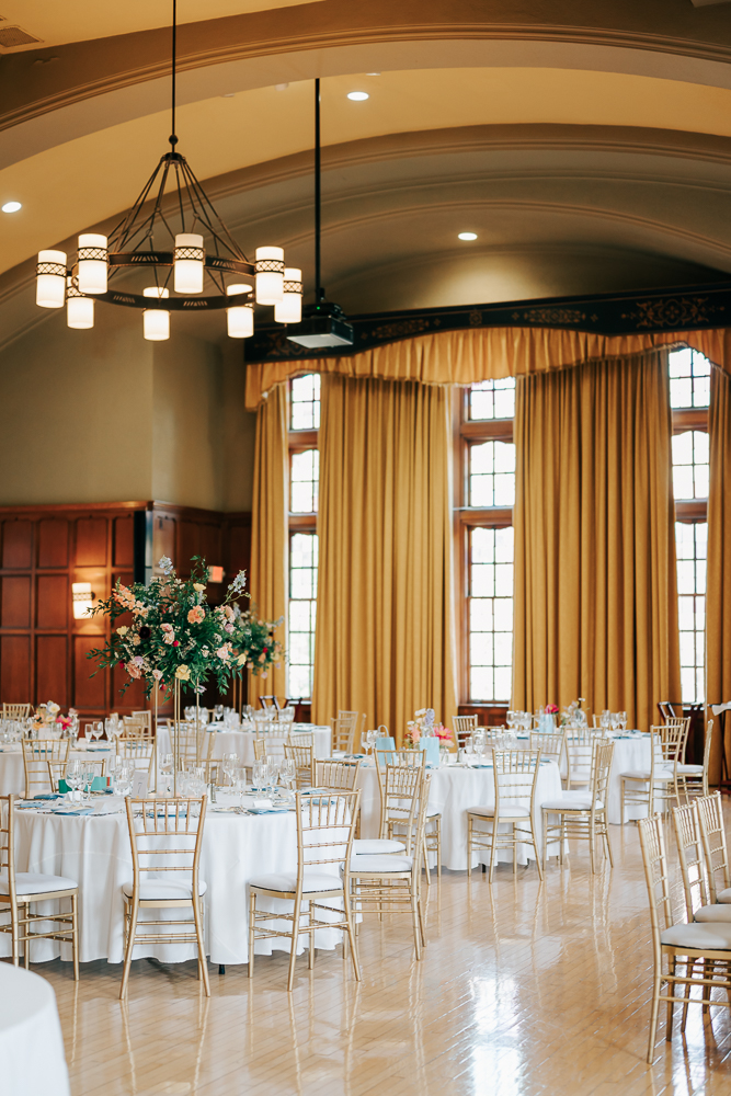 Wedding reception setup at Michigan League Ballroom